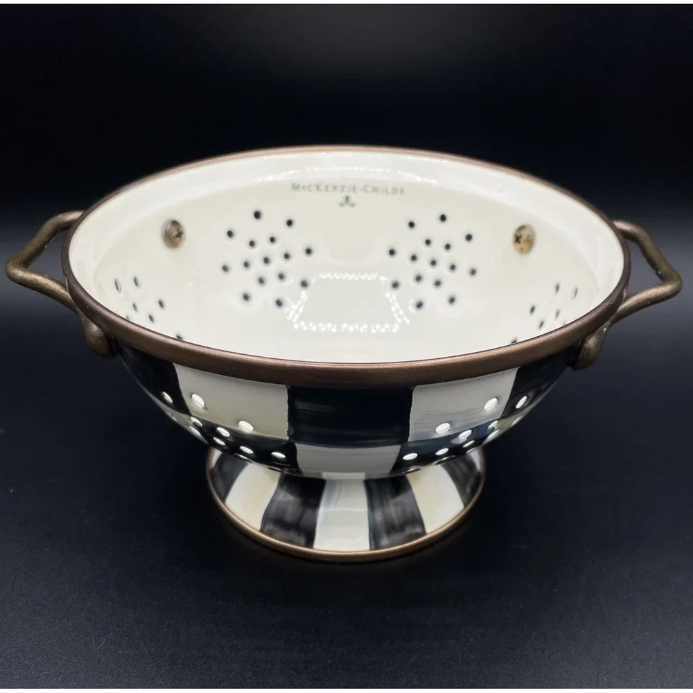 MacKenzie Childs Courtly Check Small Colander Enamel Strainer Black And White